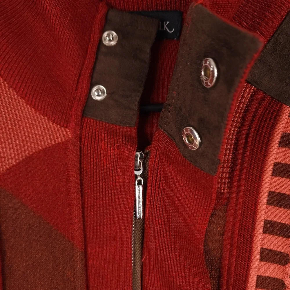 Silversilk Sweater Mens‎ Large Red Geometric Full Zip Suede Trim Elbow Patches L